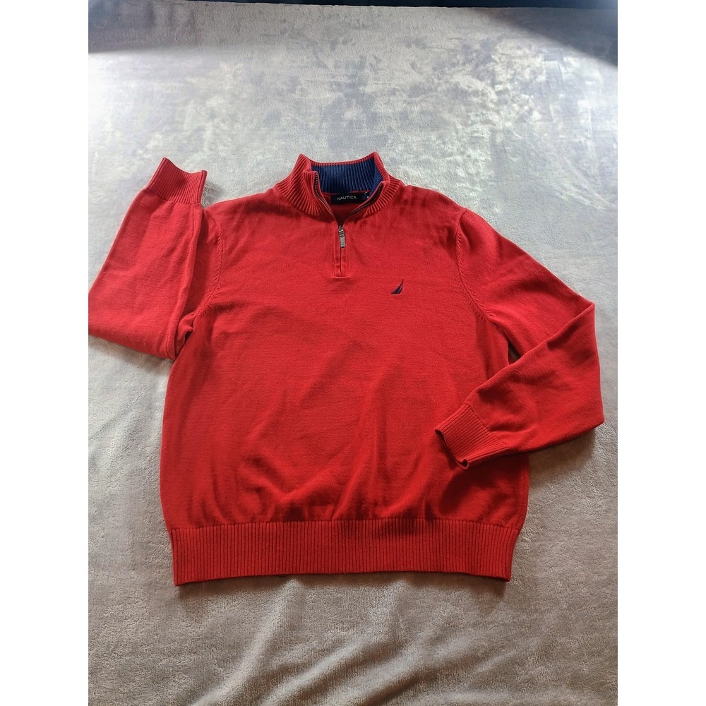 Nautica Sweater Mens Medium Red 1/4 Zip Mock Neck Tight‎ Knit Logo Pullover